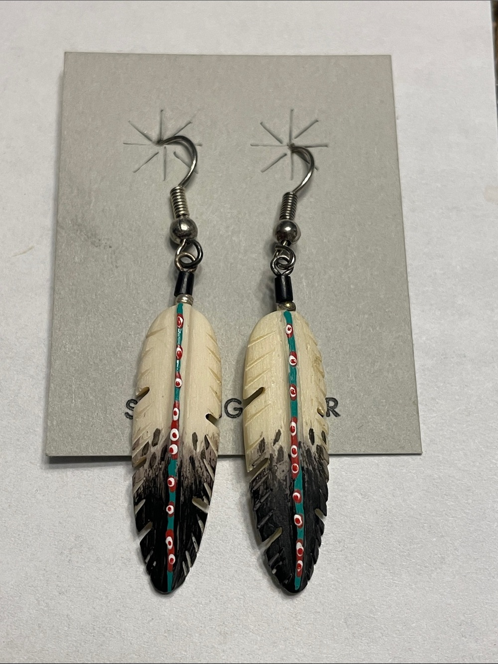 Vintage Signed Native American Sterling Silver Bone Feather Dangle Earrings